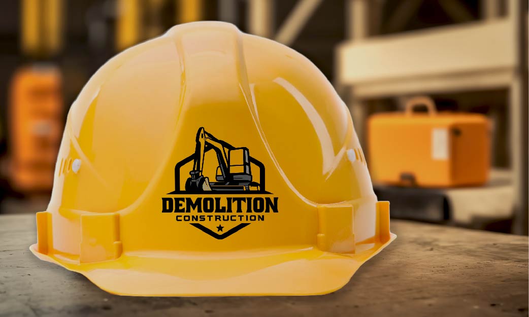 A completed customized yellow hard hat with a logo printed on the front of the shell