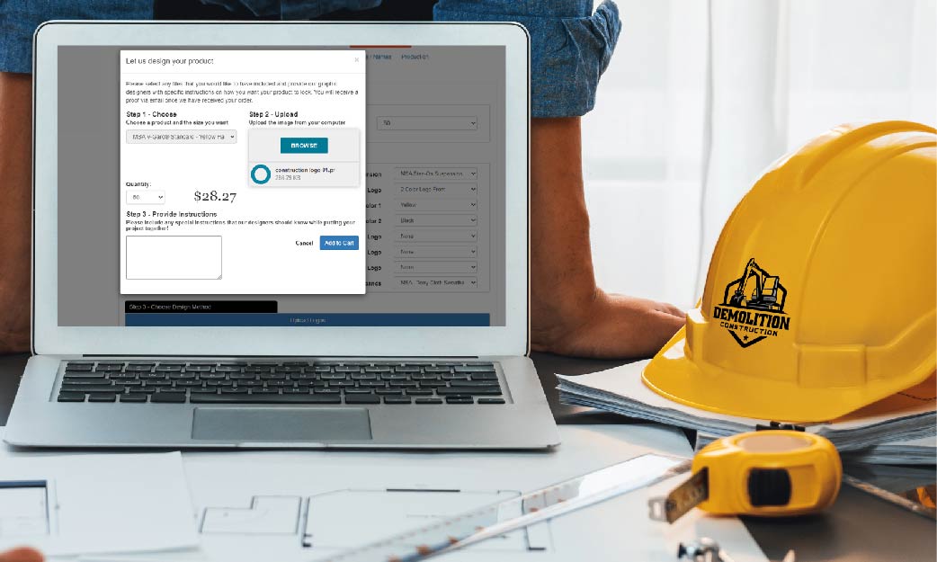 An example showing how to upload logo to custom hard hats website when ordering.