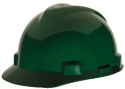 Green MSA V-Gard standard hard hat